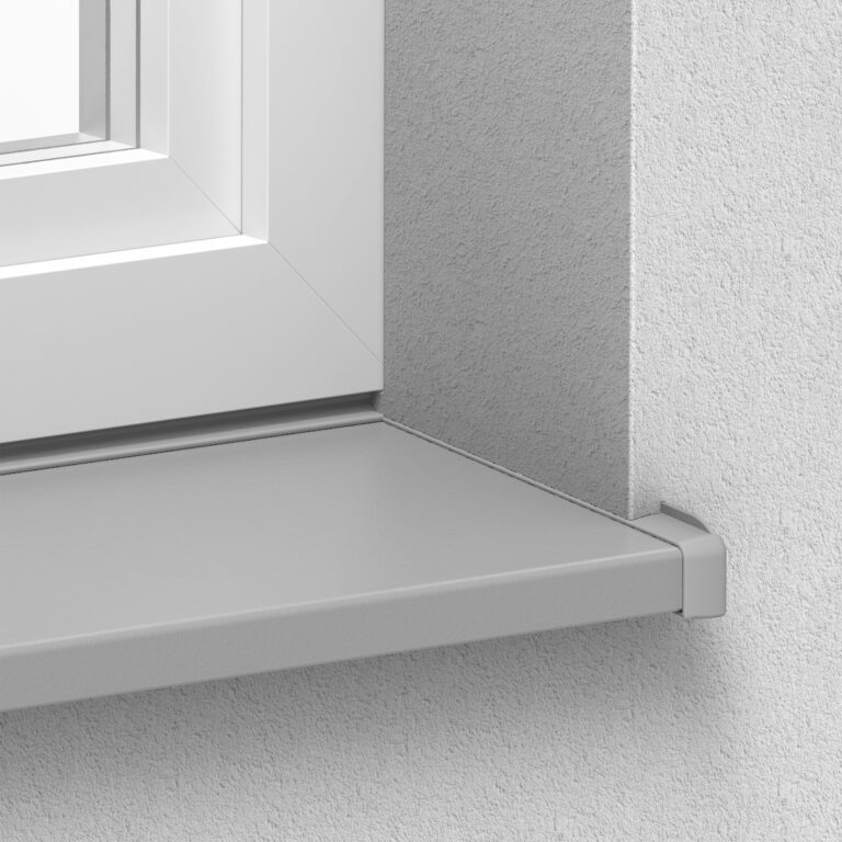 Einbausituation helopal Außenfensterbank mit helopal contact Anschlussprofil zwischen Fensterbank und Fenster, und seitlichem Putzanschluss